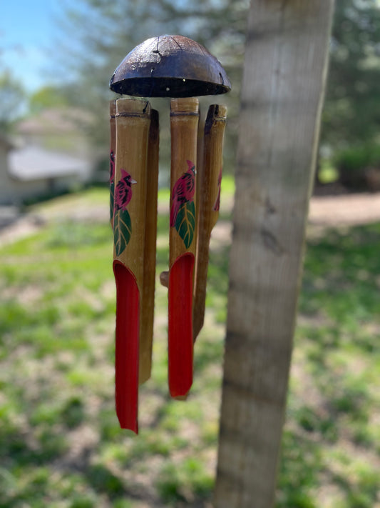 Cardinal Bird Painted Half Coconut Top Bamboo Wind Chime – Handcrafted Outdoor Decor