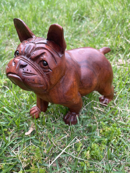 Hand-Carved Wooden Bulldog Sculpture with Black Onyx Eyes – Unique Rustic Home Decor & Gift for Dog Lovers