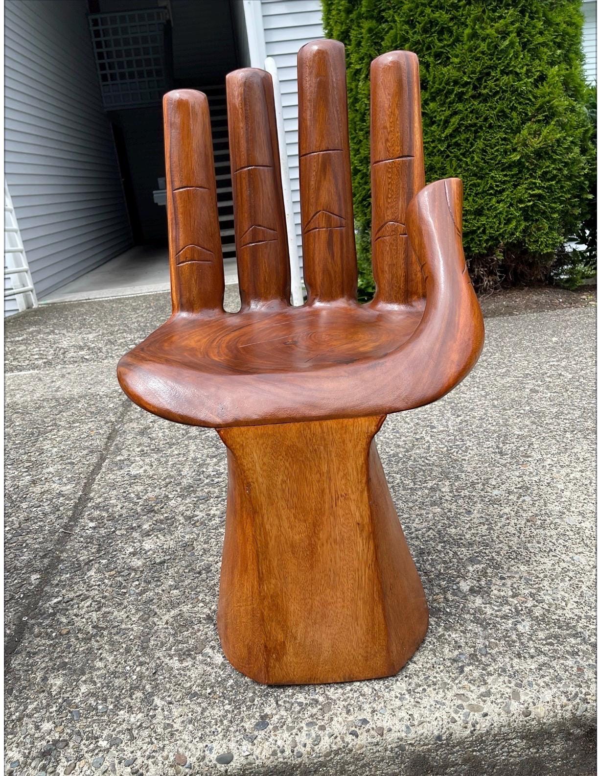 Hand-Carved Wooden Hand Chair Sculptural Accent Furniture Functional Art Chair Boho Decor Statement Seating Unique Wood Sculpture