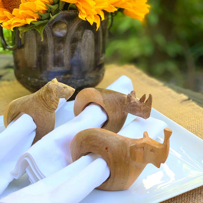 Mahogany Wood Animal Napkin Rings - Set of Six