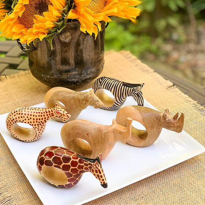 Mahogany Wood Animal Napkin Rings - Set of Six