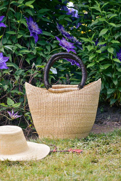 Natural Wing Shopper Basket with Black Leather Handles