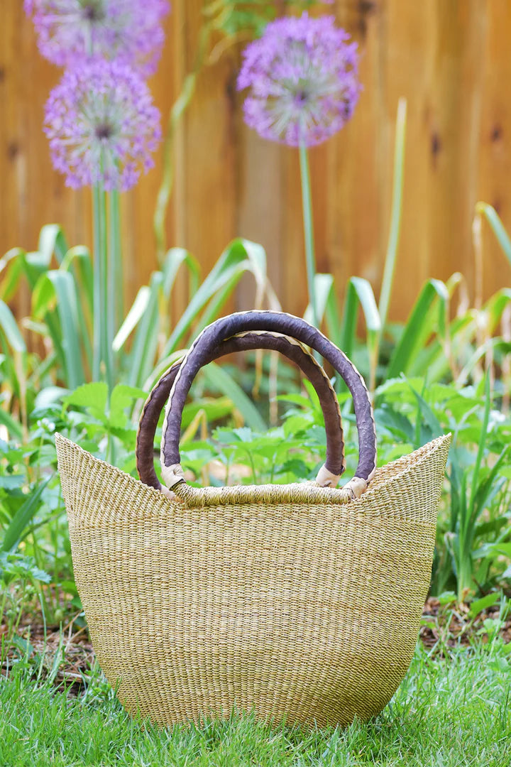 Natural Wing Shopper Basket with Braided Brown Leather Handles