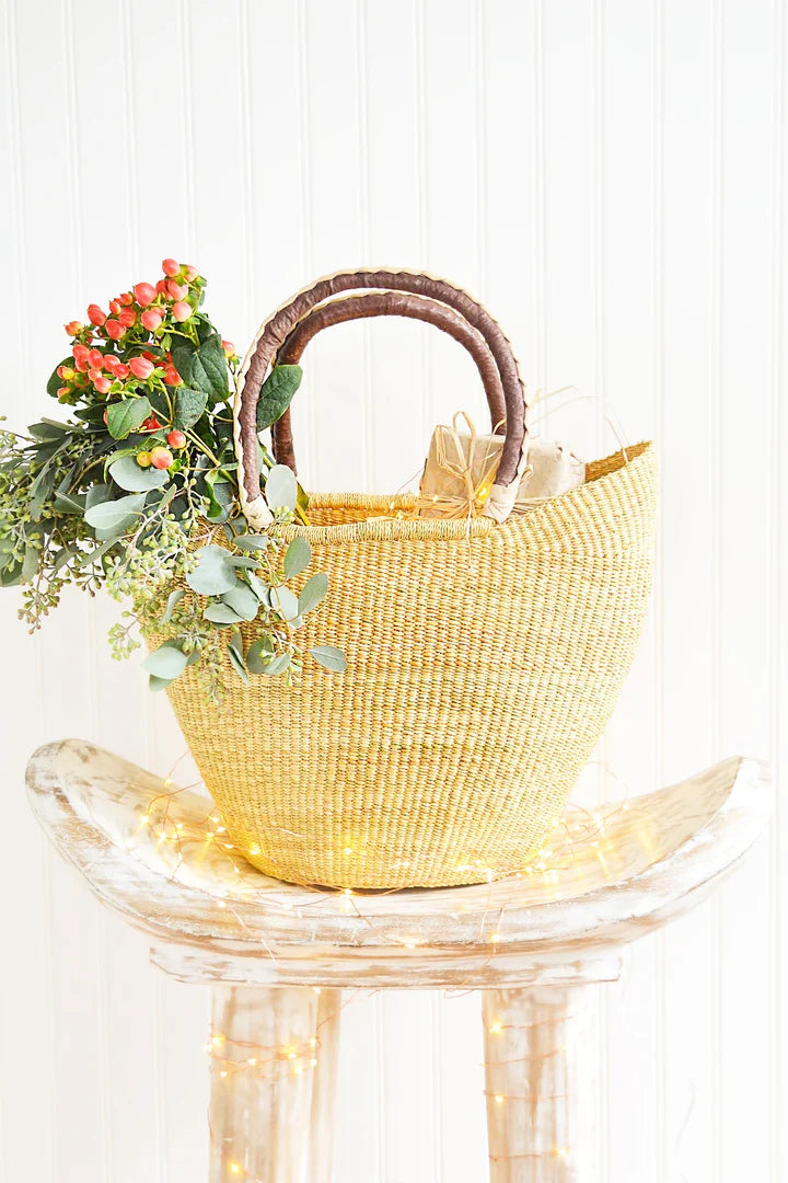 Natural Wing Shopper Basket with Braided Brown Leather Handles