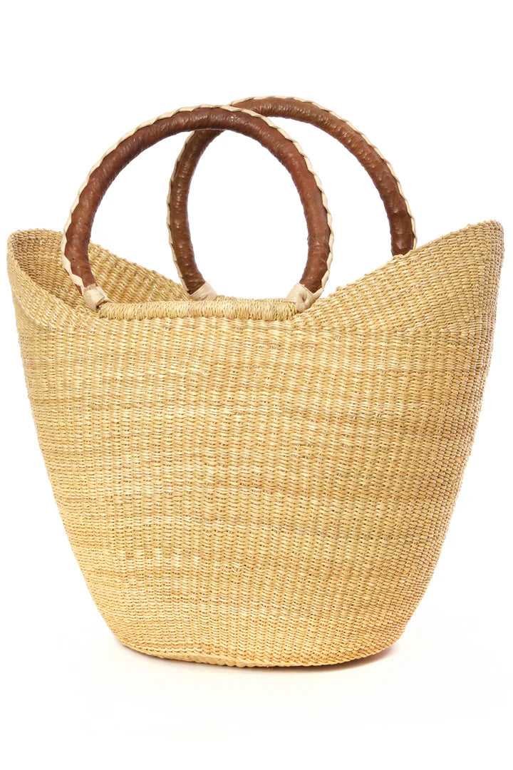 Natural Wing Shopper Basket with Braided Brown Leather Handles