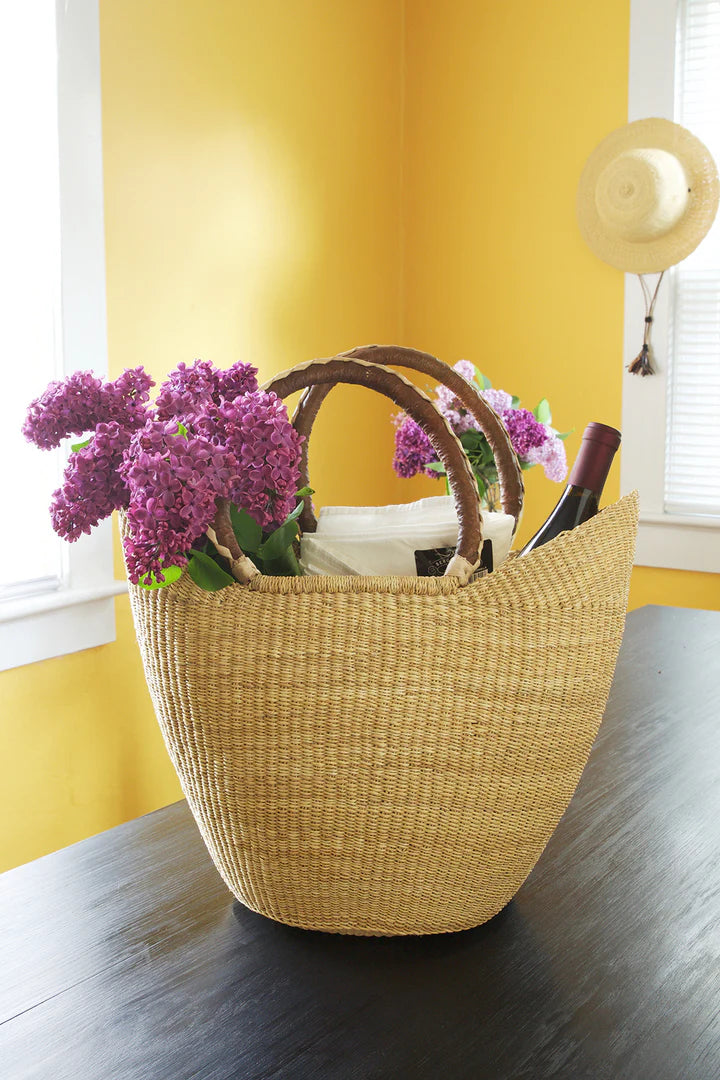 Natural Wing Shopper Basket with Braided Brown Leather Handles