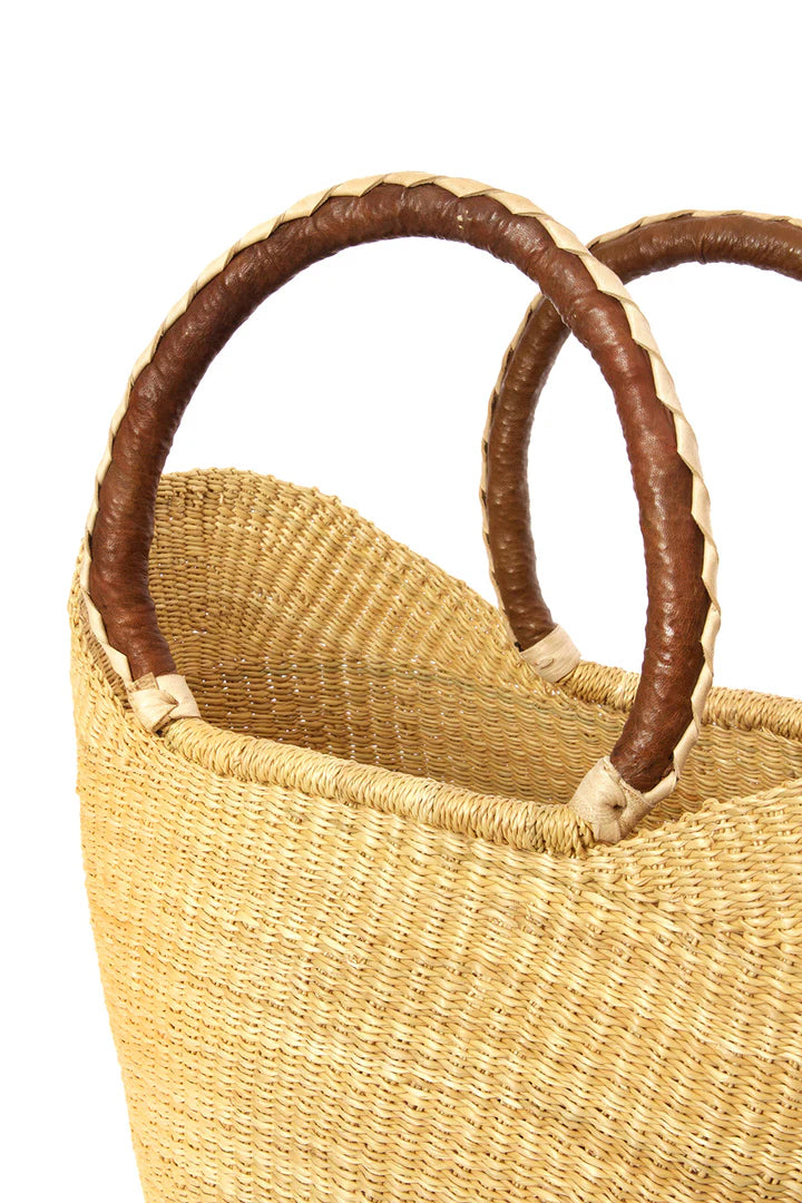 Natural Wing Shopper Basket with Braided Brown Leather Handles