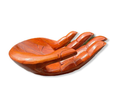 Carved Suar Wood Hand Sculpture: Decorative Helping Hand Bowl