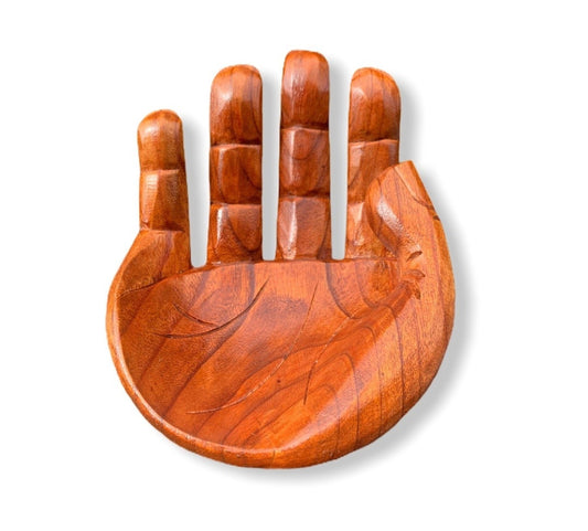 Carved Suar Wood Hand Sculpture: Decorative Helping Hand Bowl