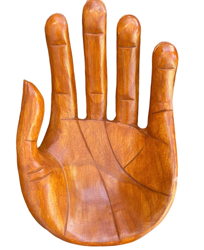 Carved Suar Wood Hand Sculpture: Decorative Helping Hand Bowl