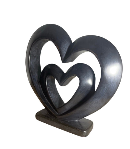 Hand Carved Soapstone Heart Sculpture: "Two Loves" Statuette