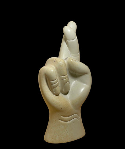 Soapstone Fingers Crossed Sculpture: Good Luck Hand Sign