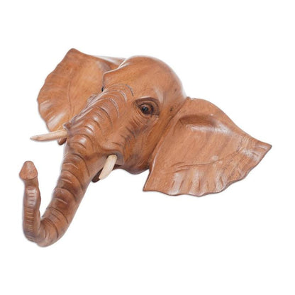 Hand Carved Wood Elephant Wall Mask: Home Decor Art Piece