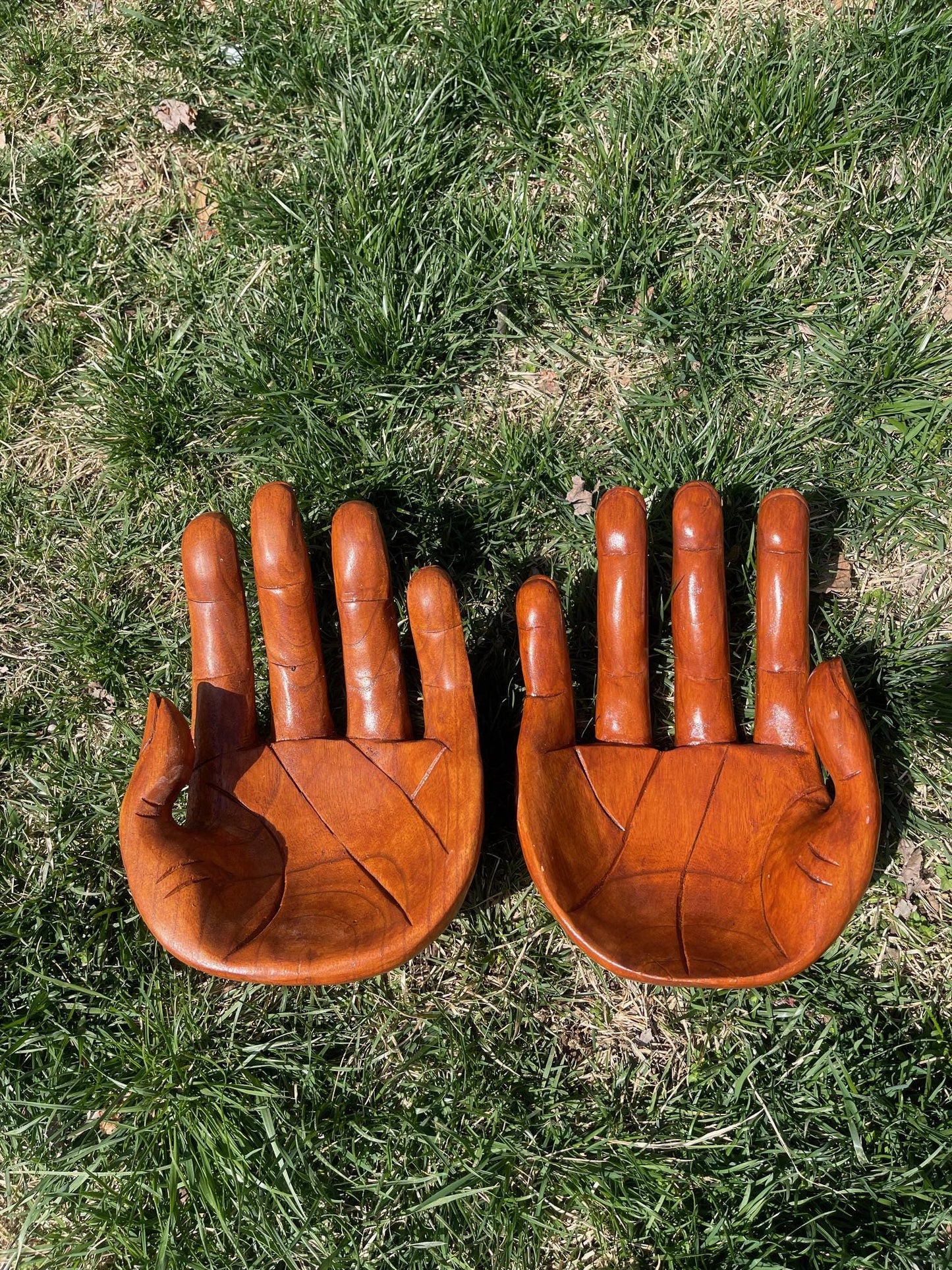 Carved Suar Wood Hand Sculpture: Decorative Helping Hand Bowl