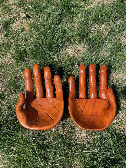 Carved Suar Wood Hand Sculpture: Decorative Helping Hand Bowl