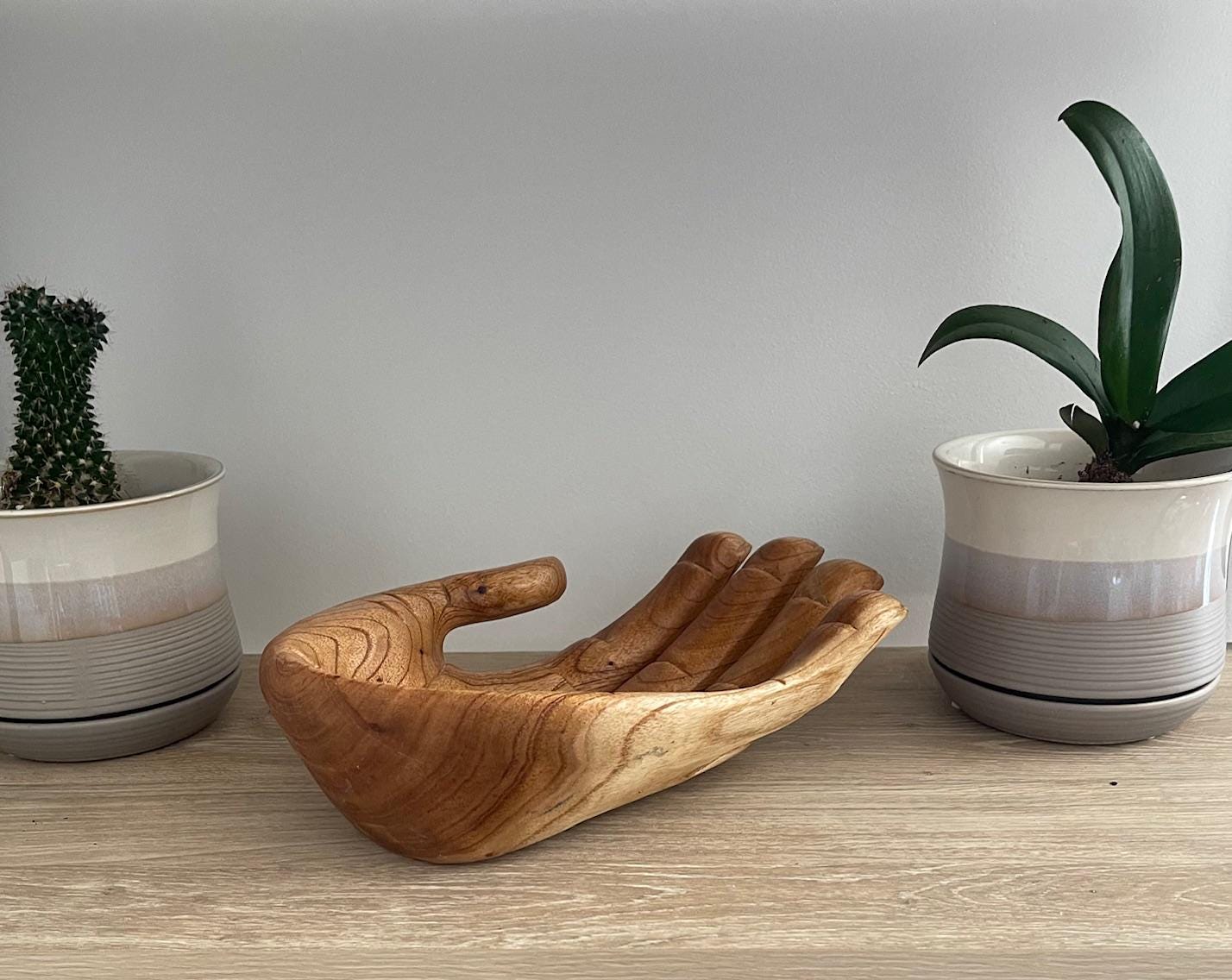 Carved Suar Wood Hand Sculpture: Decorative Bowl, Gratitude Gift