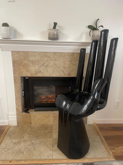 Hand-Carved Black Wood Hand Chair  Sculptural Art Seating  Functional Wooden Accent Chair  Unique Statement Furniture