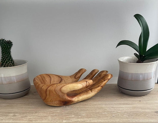 Carved Suar Wood Hand Sculpture: Decorative Bowl, Gratitude Gift