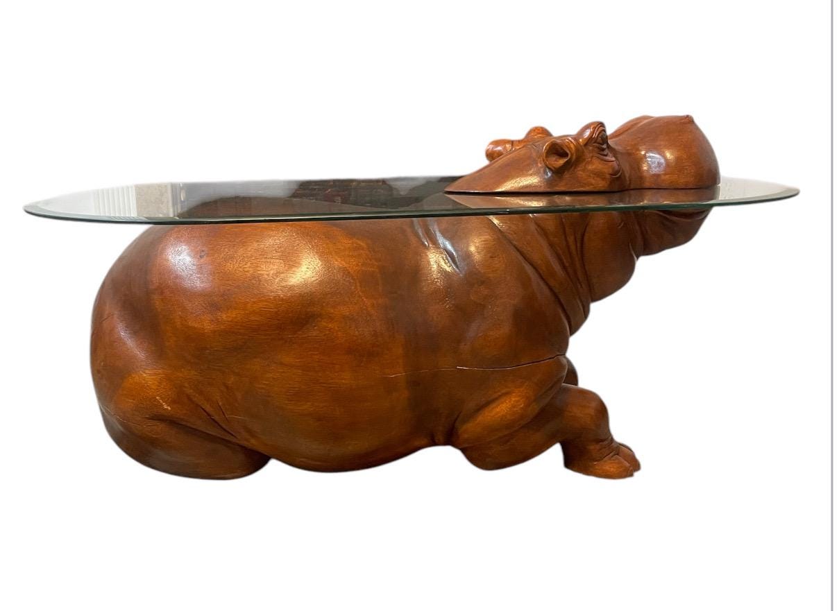 Hand Carved Wooden Hippo Coffee Table, Safari Sculpture Art Furniture  Glass Top Animal Table  Unique Wildlife Home Decor