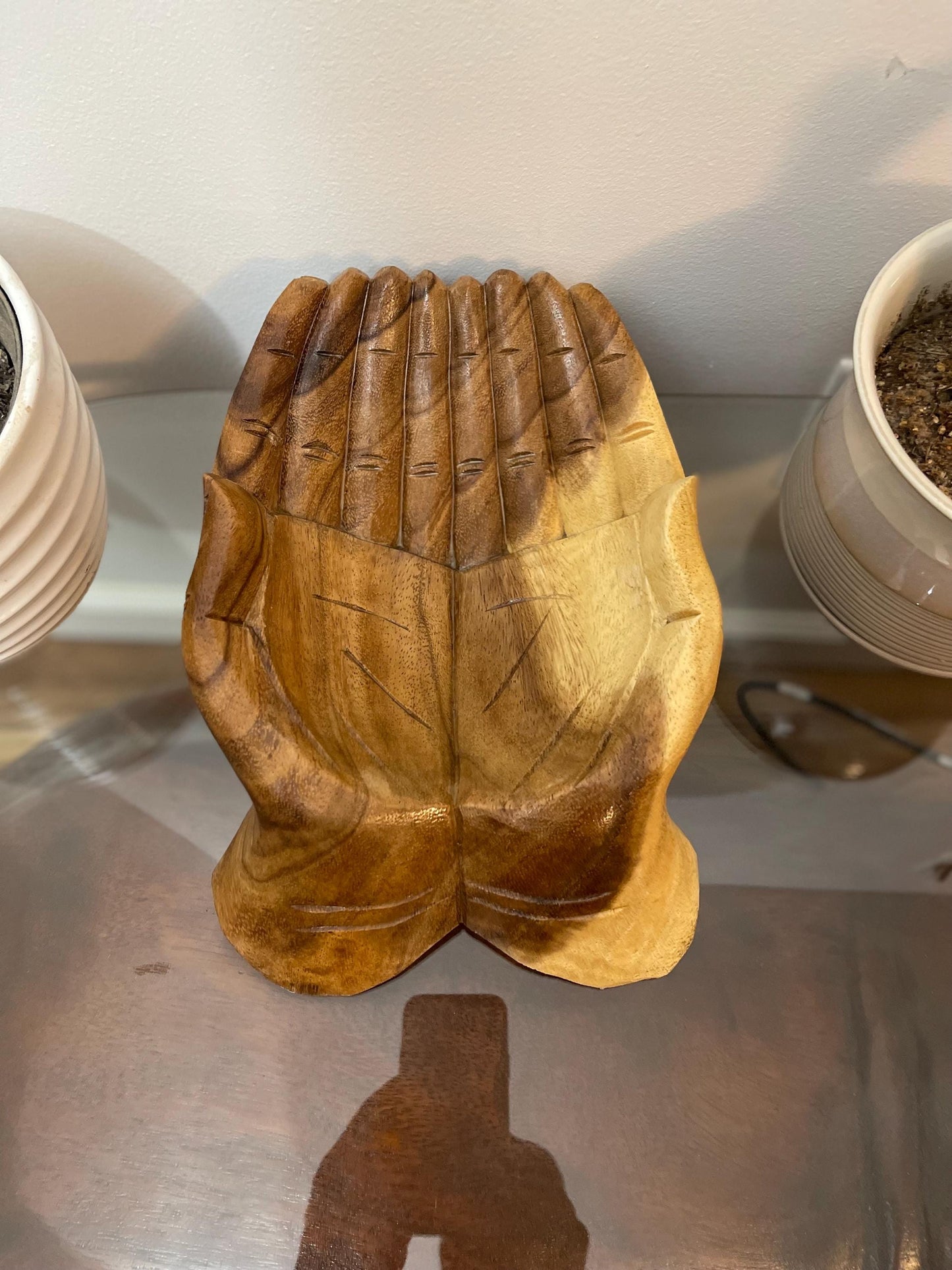 Carved Wooden Hands Bowl: Spiritual Home Decor, Gratitude Dish