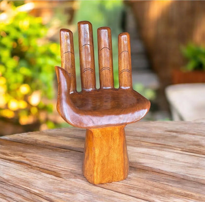 Hand‑Carved Wooden Hand Chair  Rustic Boho Accent Furniture, Buddha‑Inspired Sculptural Décor, Handmade Statement Chair