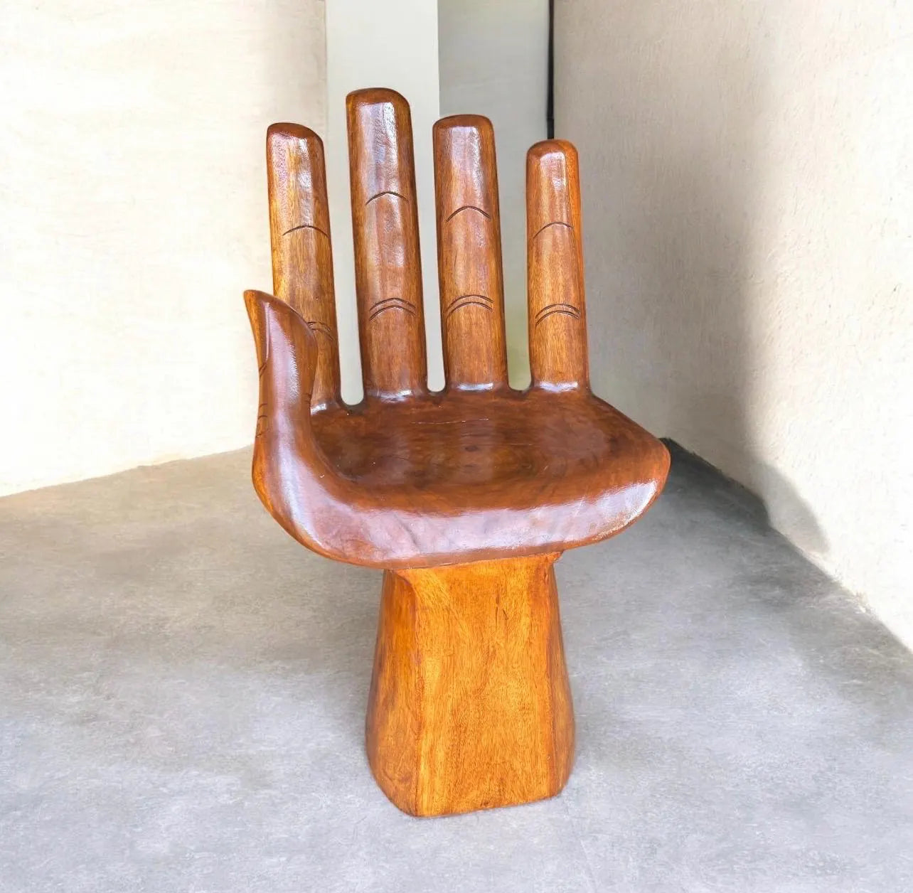 Hand‑Carved Wooden Hand Chair  Rustic Boho Accent Furniture, Buddha‑Inspired Sculptural Décor, Handmade Statement Chair