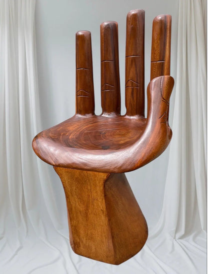 Hand‑Carved Wooden Hand Chair  Rustic Boho Accent Furniture, Buddha‑Inspired Sculptural Décor, Handmade Statement Chair