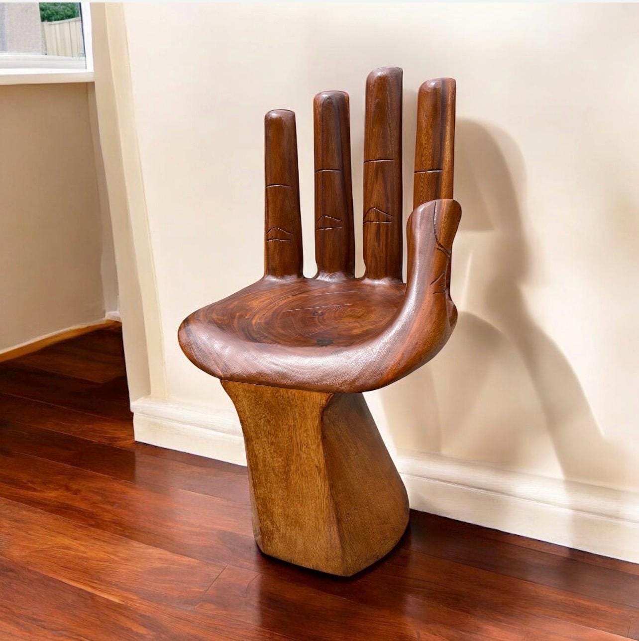 Hand-Carved Wooden Hand Chair  Sculptural Accent Furniture  Functional Art Chair  Boho Decor Statement Seating  Unique Wood Sculpture