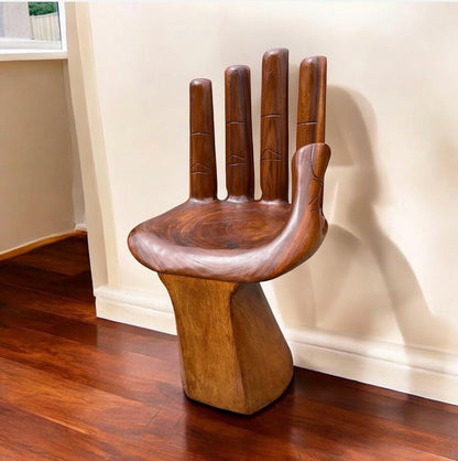 Hand-Carved Wooden Hand Chair  Sculptural Accent Furniture  Functional Art Chair  Boho Decor Statement Seating  Unique Wood Sculpture