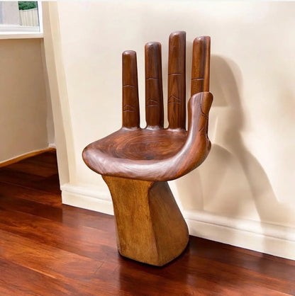 Hand‑Carved Wooden Hand Chair  Rustic Boho Accent Furniture, Buddha‑Inspired Sculptural Décor, Handmade Statement Chair