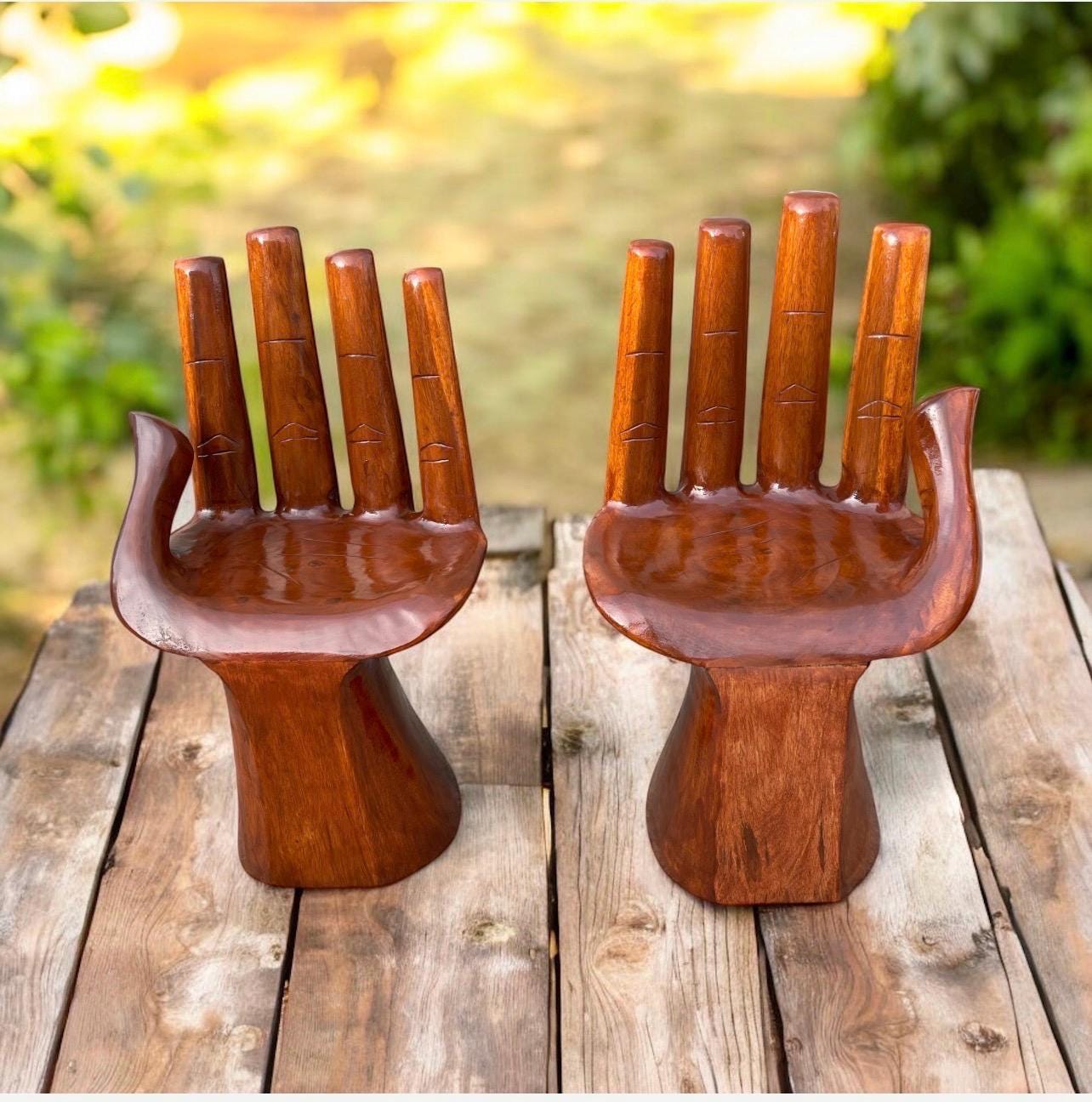 Hand-Carved Wooden Hand Chair  Sculptural Accent Furniture  Functional Art Chair  Boho Decor Statement Seating  Unique Wood Sculpture