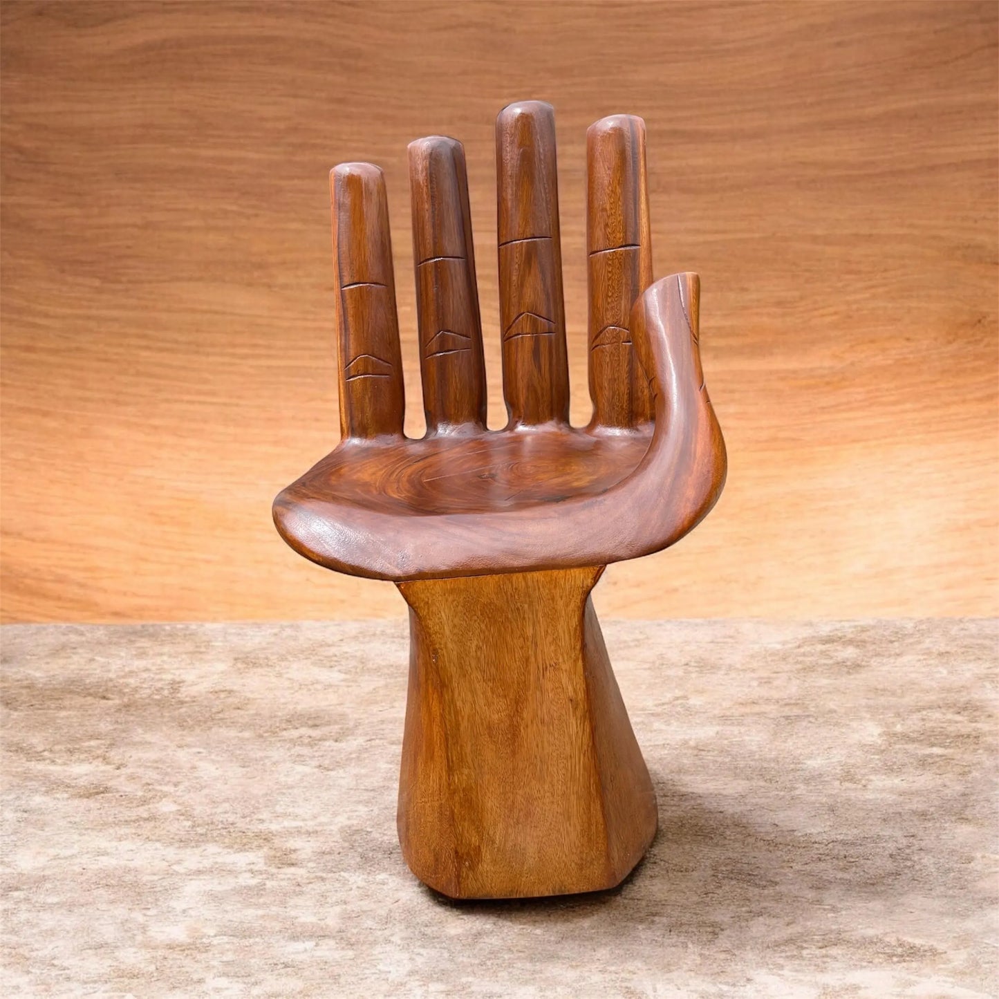 Hand‑Carved Wooden Hand Chair  Rustic Boho Accent Furniture, Buddha‑Inspired Sculptural Décor, Handmade Statement Chair
