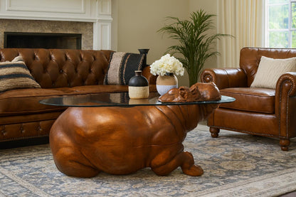 Hand Carved Wooden Hippo Coffee Table, Safari Sculpture Art Furniture  Glass Top Animal Table  Unique Wildlife Home Decor