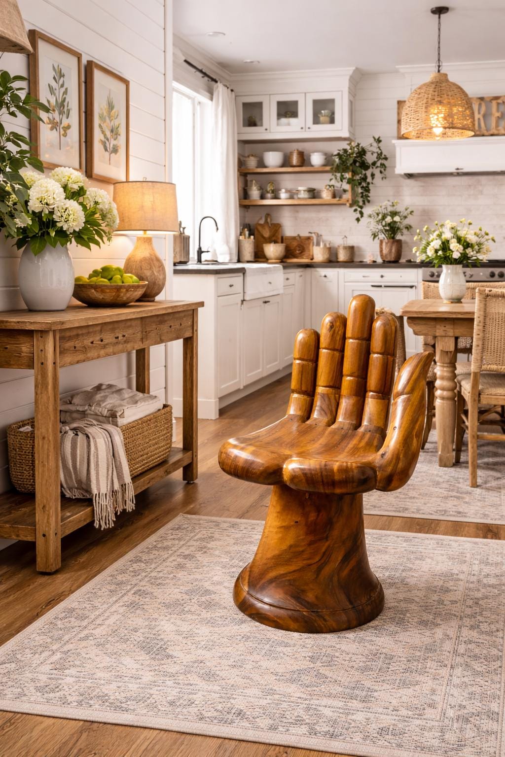 Hand-Carved Wooden Hand Chair – Sculptural Accent Seat, Handmade Artistic Furniture, Unique Statement Décor
