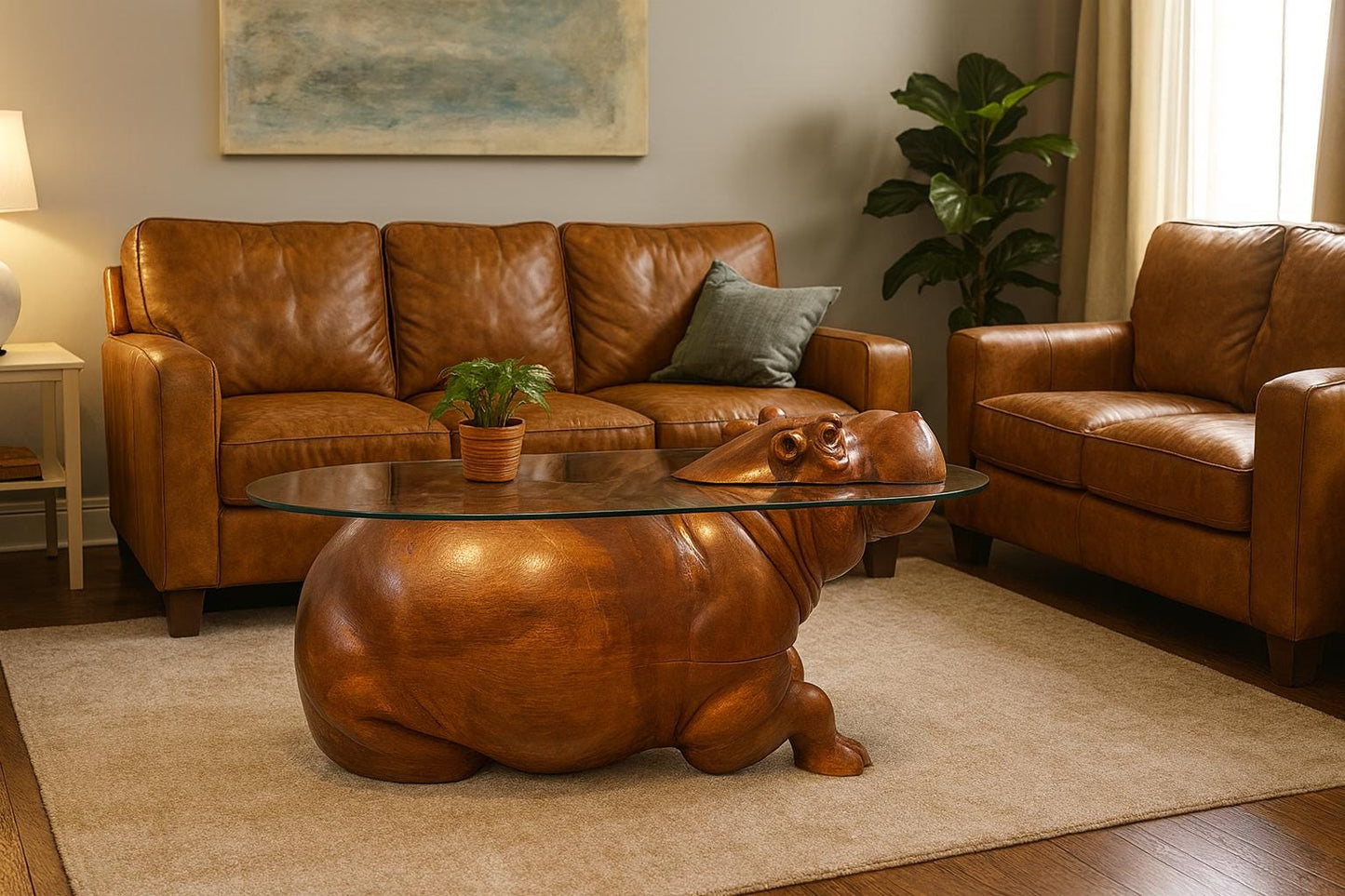 Hand Carved Wooden Hippo Coffee Table, Safari Sculpture Art Furniture  Glass Top Animal Table  Unique Wildlife Home Decor