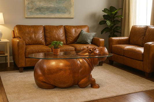 Hand Carved Wooden Hippo Coffee Table, Safari Sculpture Art Furniture  Glass Top Animal Table  Unique Wildlife Home Decor