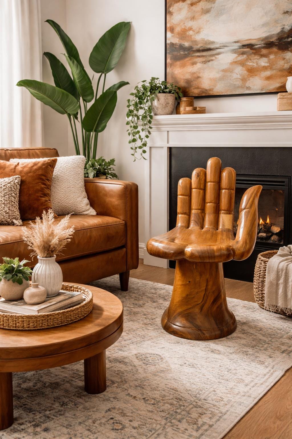 Hand-Carved Wooden Hand Chair – Sculptural Accent Seat, Handmade Artistic Furniture, Unique Statement Décor