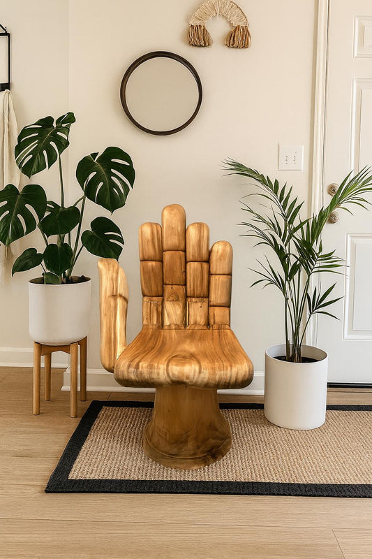 Hand-Carved Natural Wooden Hand Chair – Sculptural Accent Seat, Handmade Artistic Furniture, Unique Statement Décor